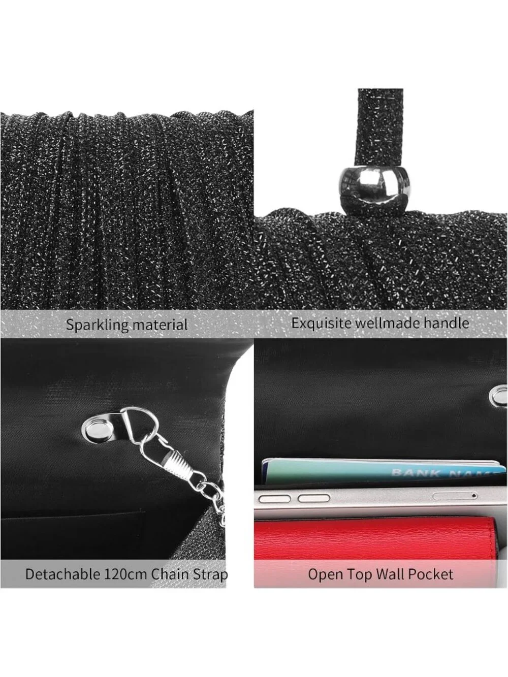 👜Women's Black Rhinestone Clutch Purse Crystal Diamond Glitter Sparkly Handbag